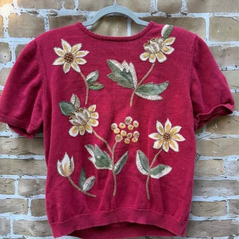 Vtg Alfred Dunner Red Short Sleeve Floral Embroidered Beaded Sweater Size M